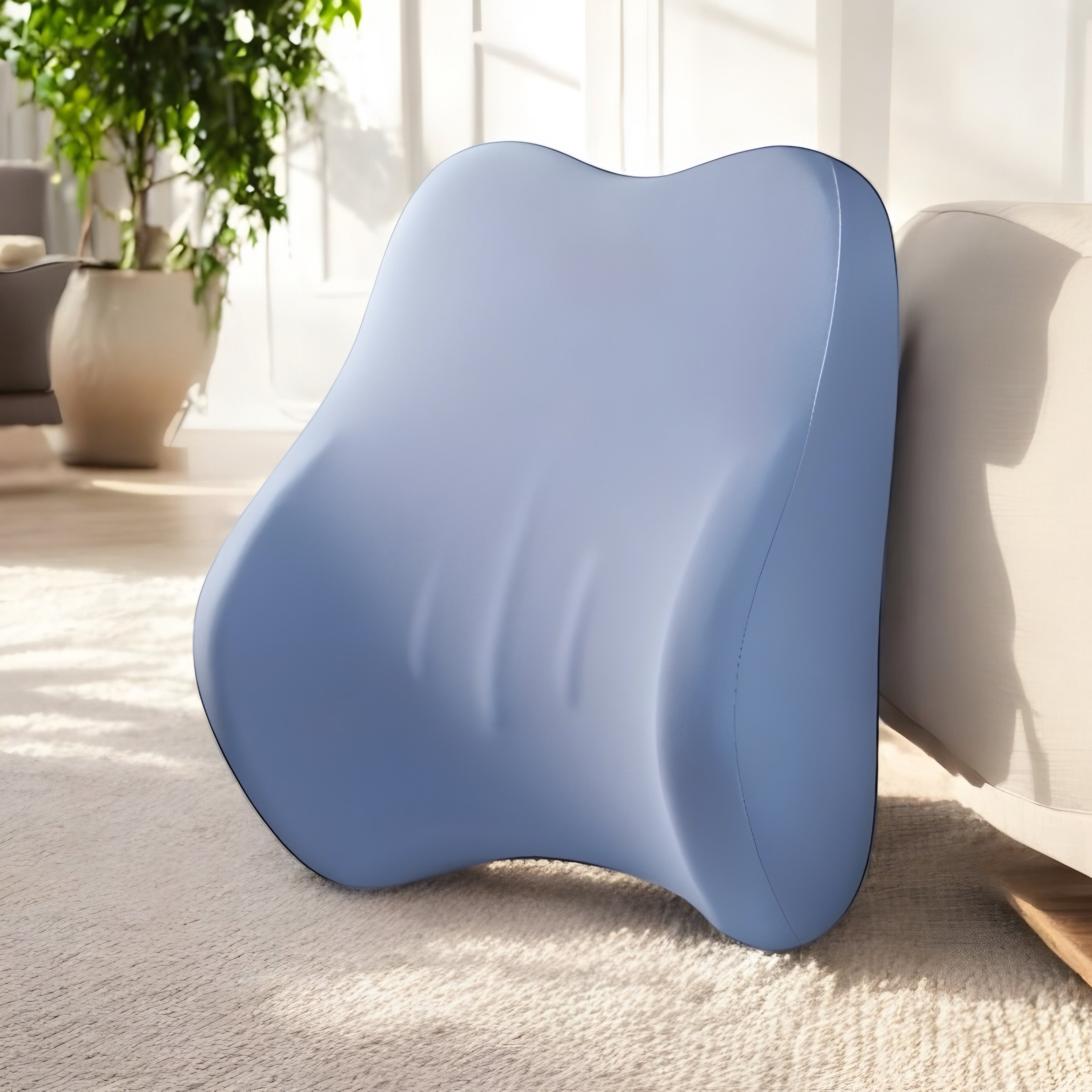 NuVibe™ LumbarEase Cushion Set in Baby Blue, showcased in a bright and sunny living room, offering a soft, elegant touch with ergonomic comfort.