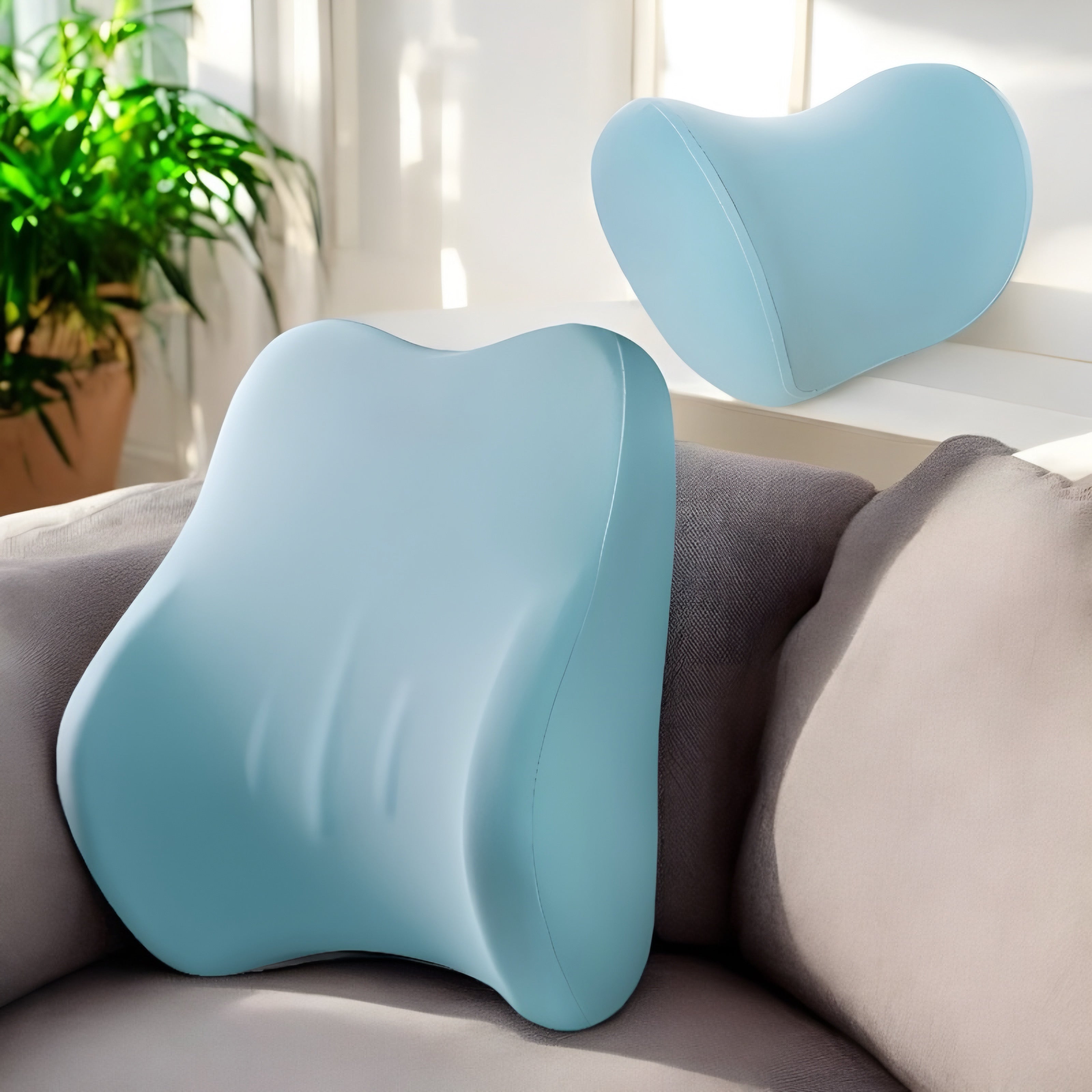 NuVibe™ LumbarEase Cushion Set in Blue Mint, styled in a bright and sunny living room, showcasing its elegant design and ergonomic comfort."
