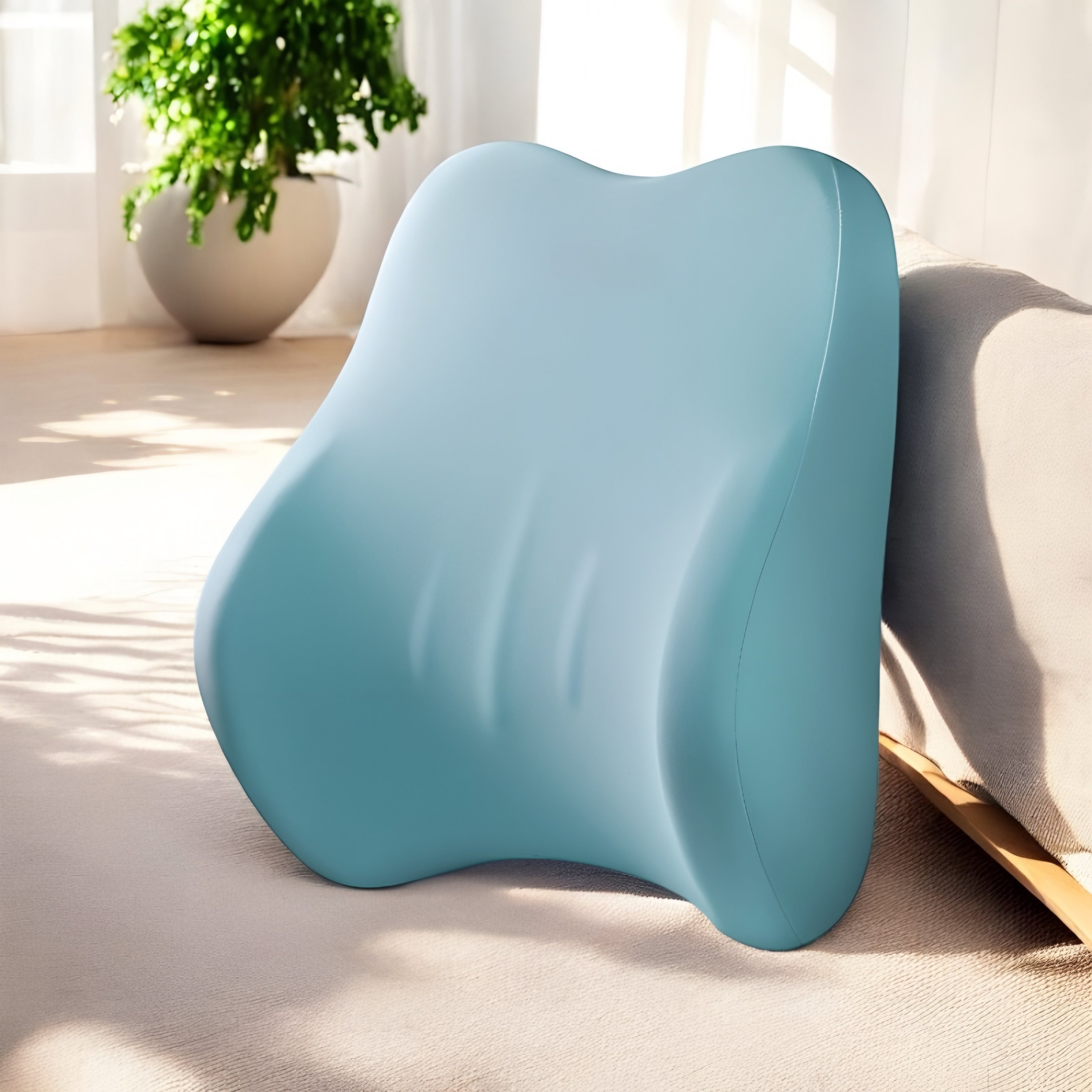 NuVibe™ LumbarEase Cushion Set in Blue Mint, displayed in a bright and sunny living room, blending modern elegance with superior back support.
