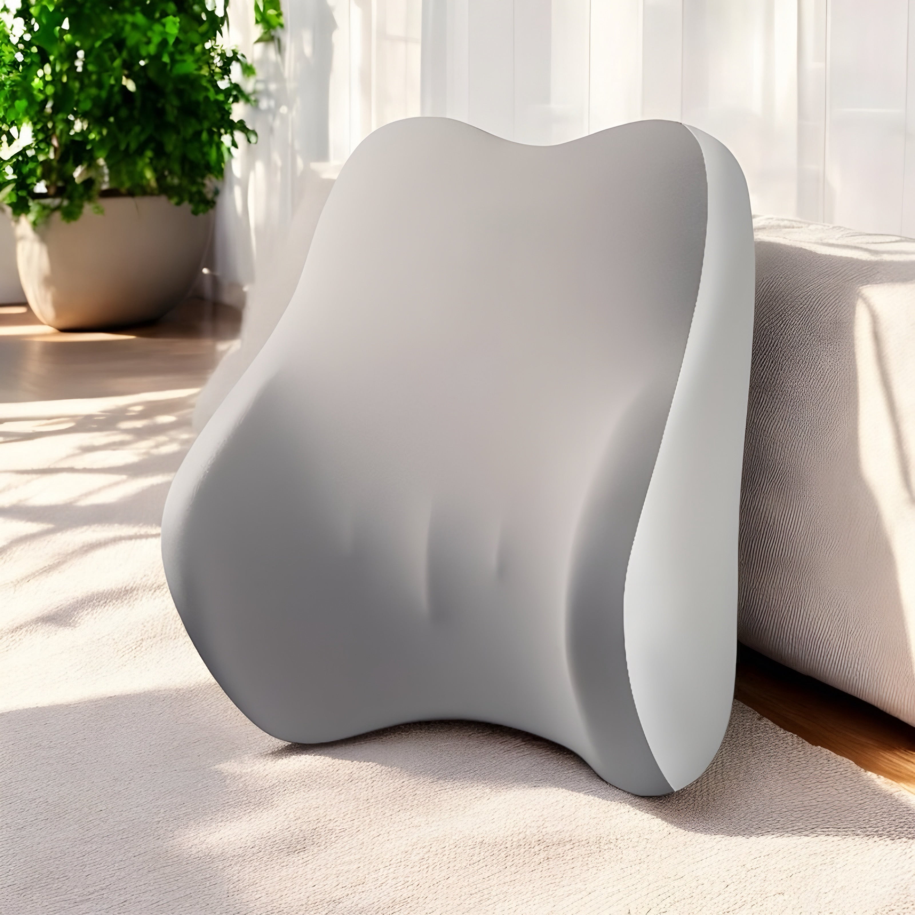 NuVibe™ LumbarEase Cushion Set in Midnight Ash, placed in a bright and sunny living room, blending modern style with ergonomic support.