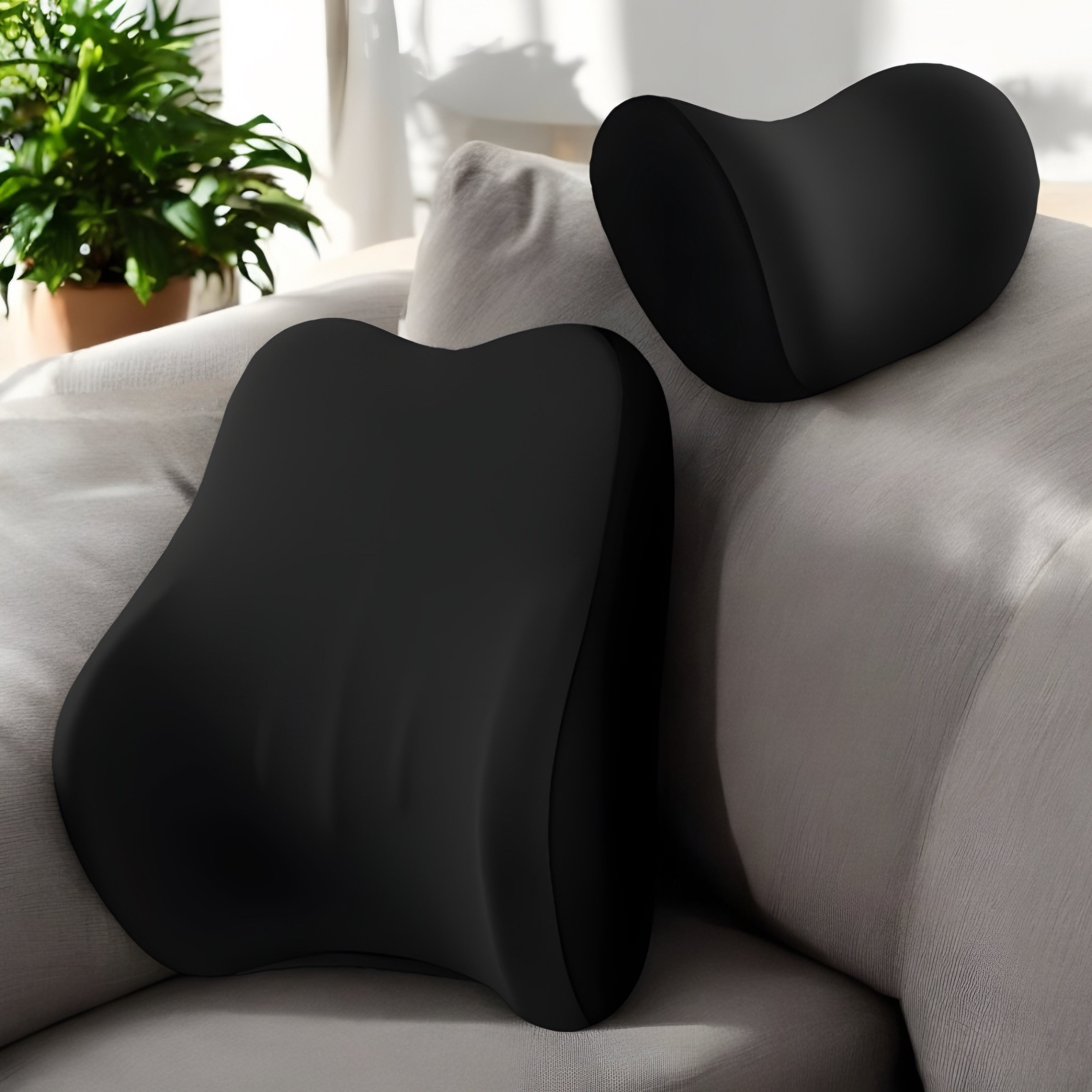 NuVibe™ LumbarEase Cushion Set in Pure Black, stylishly positioned in a bright and sunny living room, providing sleek design and superior back support.