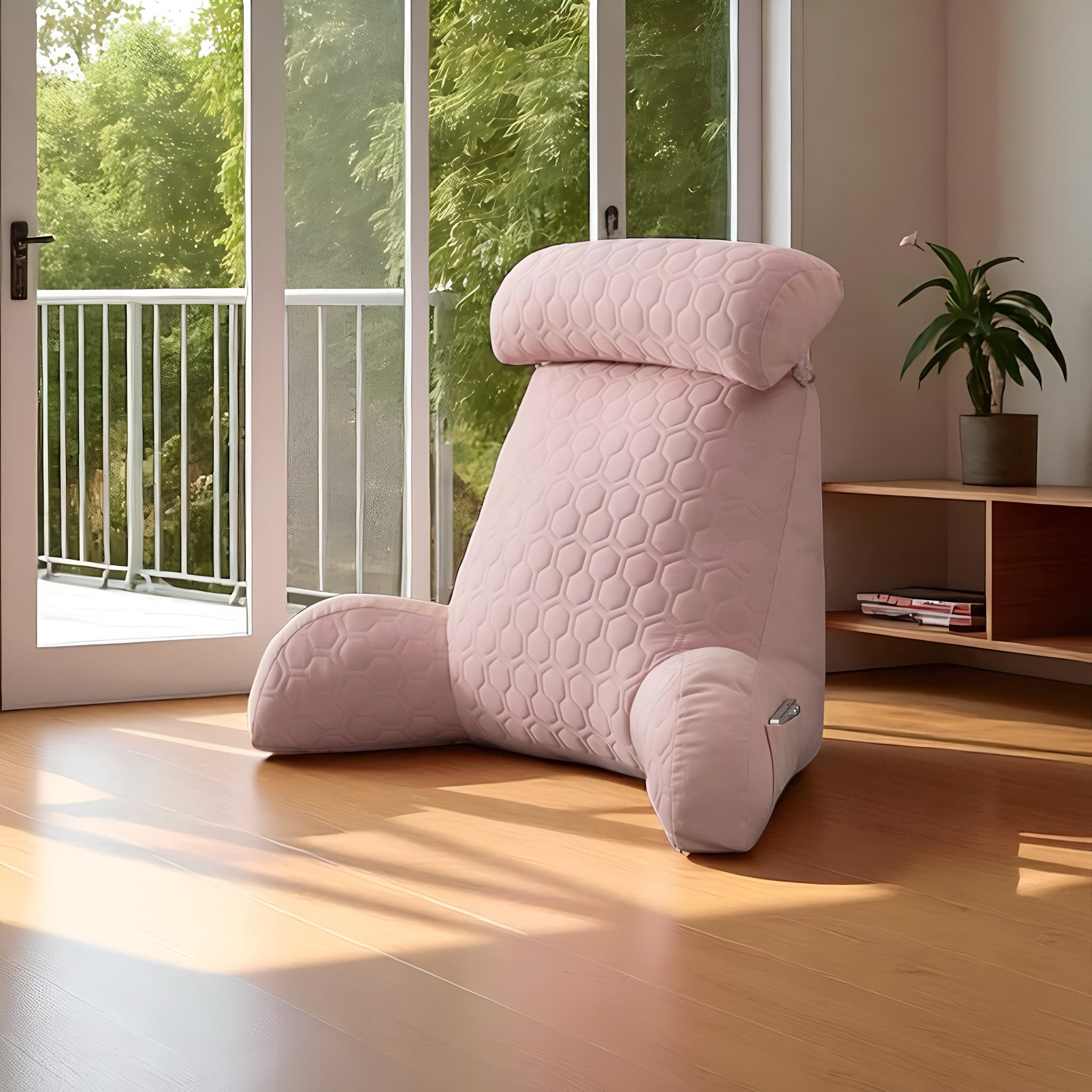 Flamingo pink ergonomic cushion for back pain relief and posture support – designed for comfort and spinal health with a soft, supportive feel ideal for relaxing, working, or reading at home.