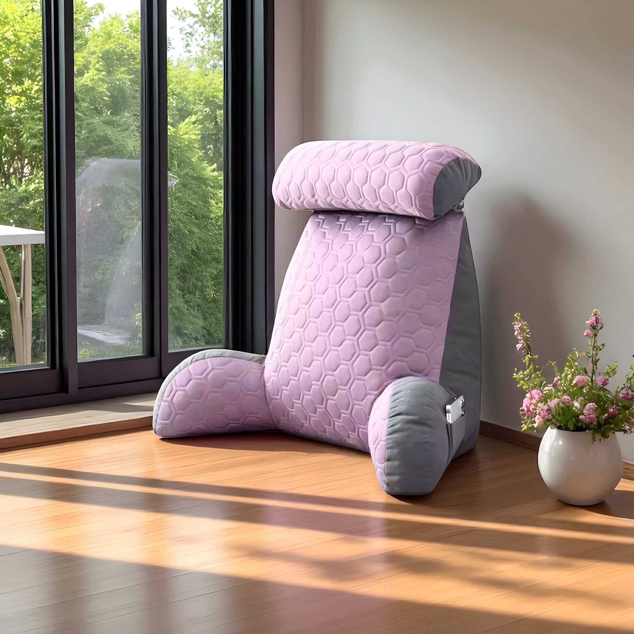 Health-focused Lavender posture cushion for back pain relief and comfort – ergonomic design supports the lower back, perfect for daily use in bedrooms, reading nooks, or meditation spaces.