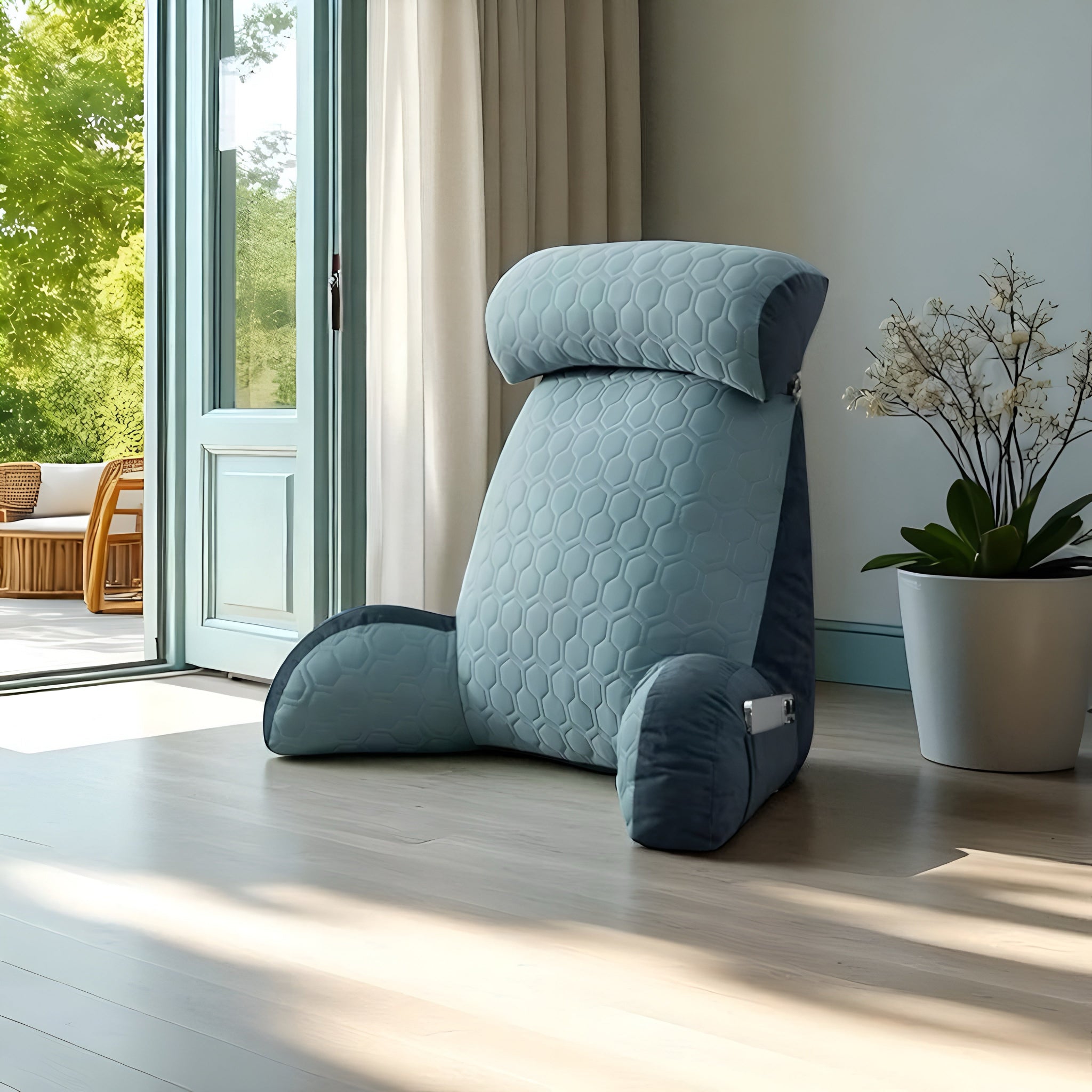 Ocean blue ergonomic back support cushion for back pain relief and all-day comfort – health-first design promotes spinal alignment and posture correction, ideal for home, office, or meditation spaces.