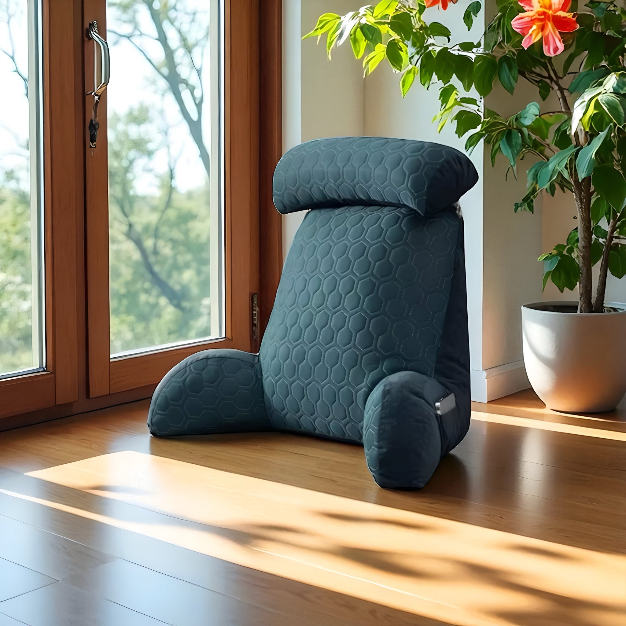Therapeutic Turquoise back cushion for relieving lower back pain – ergonomic support pillow designed for spinal health, comfort, and pressure-free sitting at home or in the office.