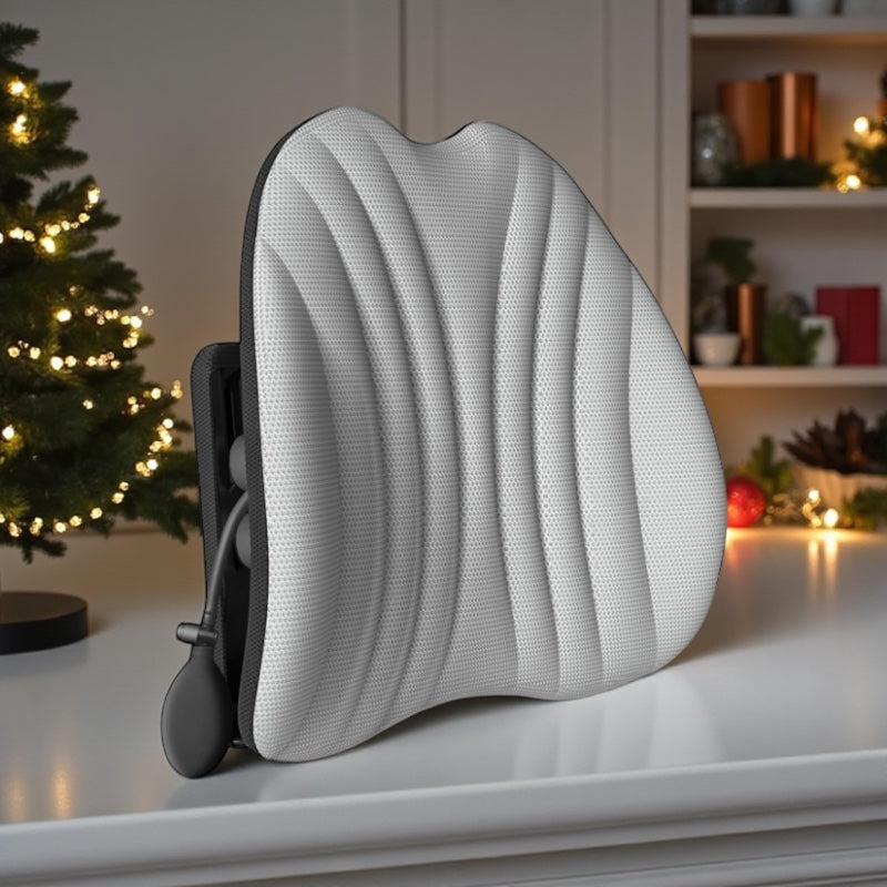 NuVibe Angel Cushion in White Moon – premium ergonomic back support cushion with adjustable pump system, designed to improve posture, relieve back pain, and deliver modern comfort.