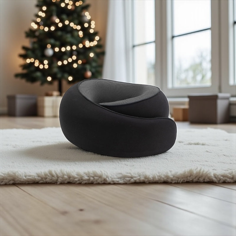 NuVibe ErgoNest Cushion in Pure Black – luxury ergonomic cushion crafted to relieve neck tension, support posture, and deliver ultimate comfort at home or on the go.