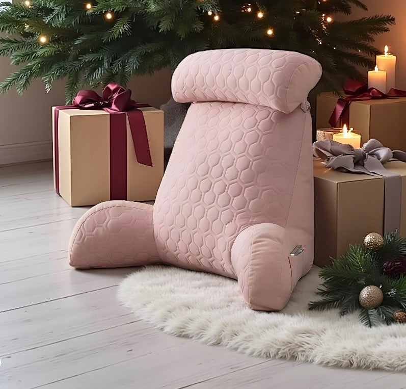 NuVibe Ergonomic Comfort Cushion in Flamingo – stylish ergonomic cushion designed to improve posture, relieve back strain, and bring comfort to reading or lounging.