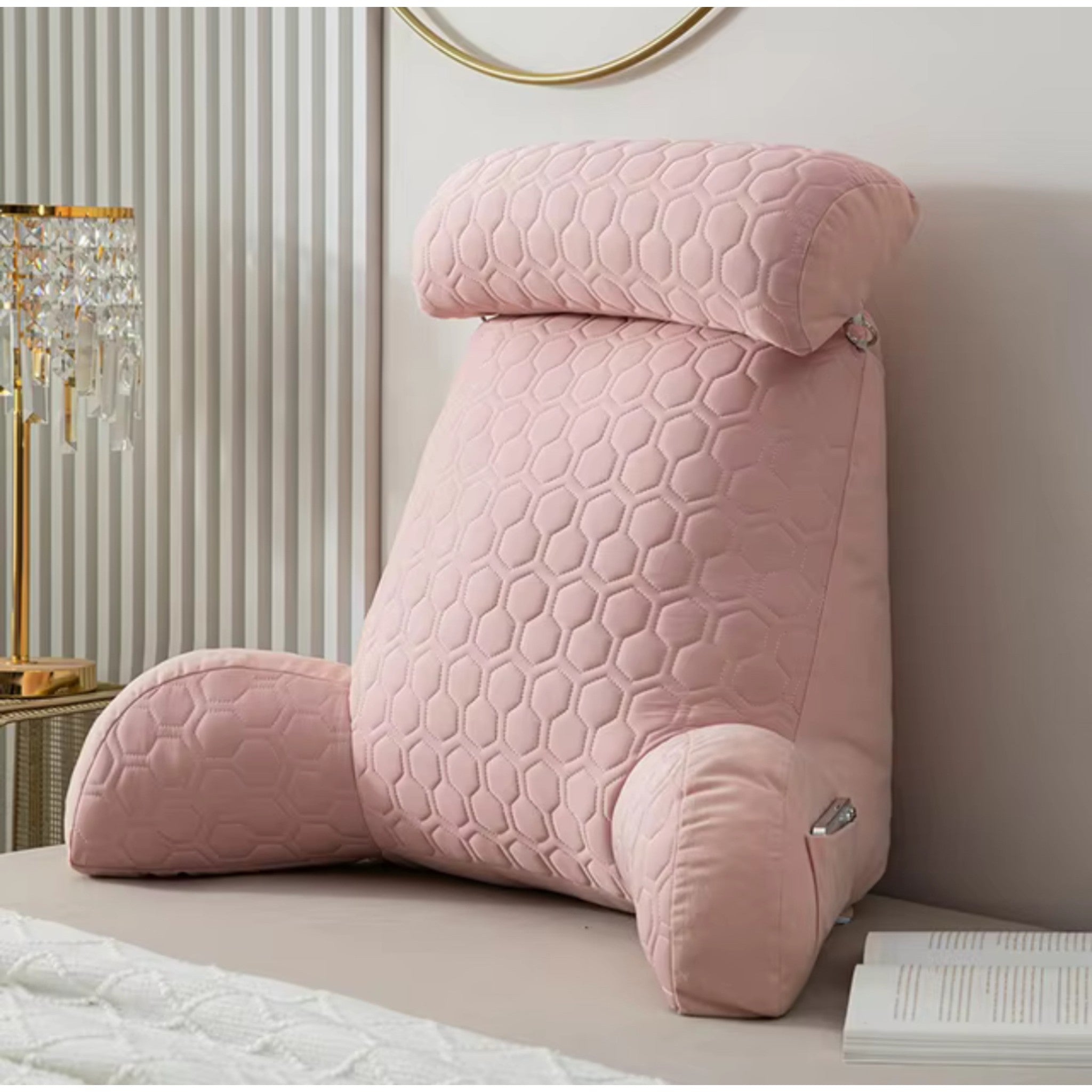 The Flamingo Pink NuVibe back support cushion, with its ergonomic design, plush velvet cover, and detachable headrest, offers unparalleled comfort and relaxation for sitting at home—better than any hug cushion for work, lounging, or unwinding.