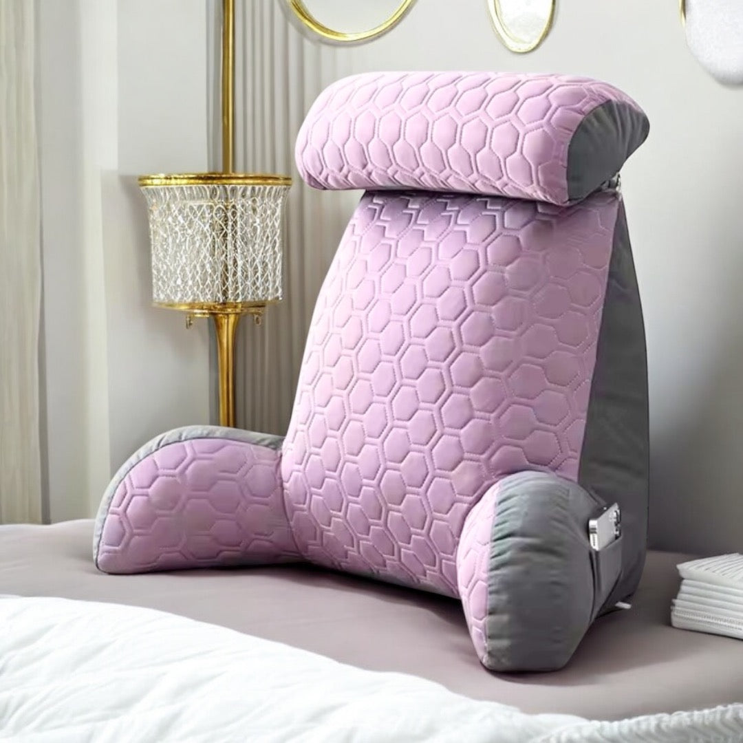 The Lavender NuVibe back support cushion, with its ergonomic design, plush velvet cover, and detachable headrest, offers unparalleled comfort and relaxation for sitting at home—better than any hug cushion for work, lounging, or unwinding.