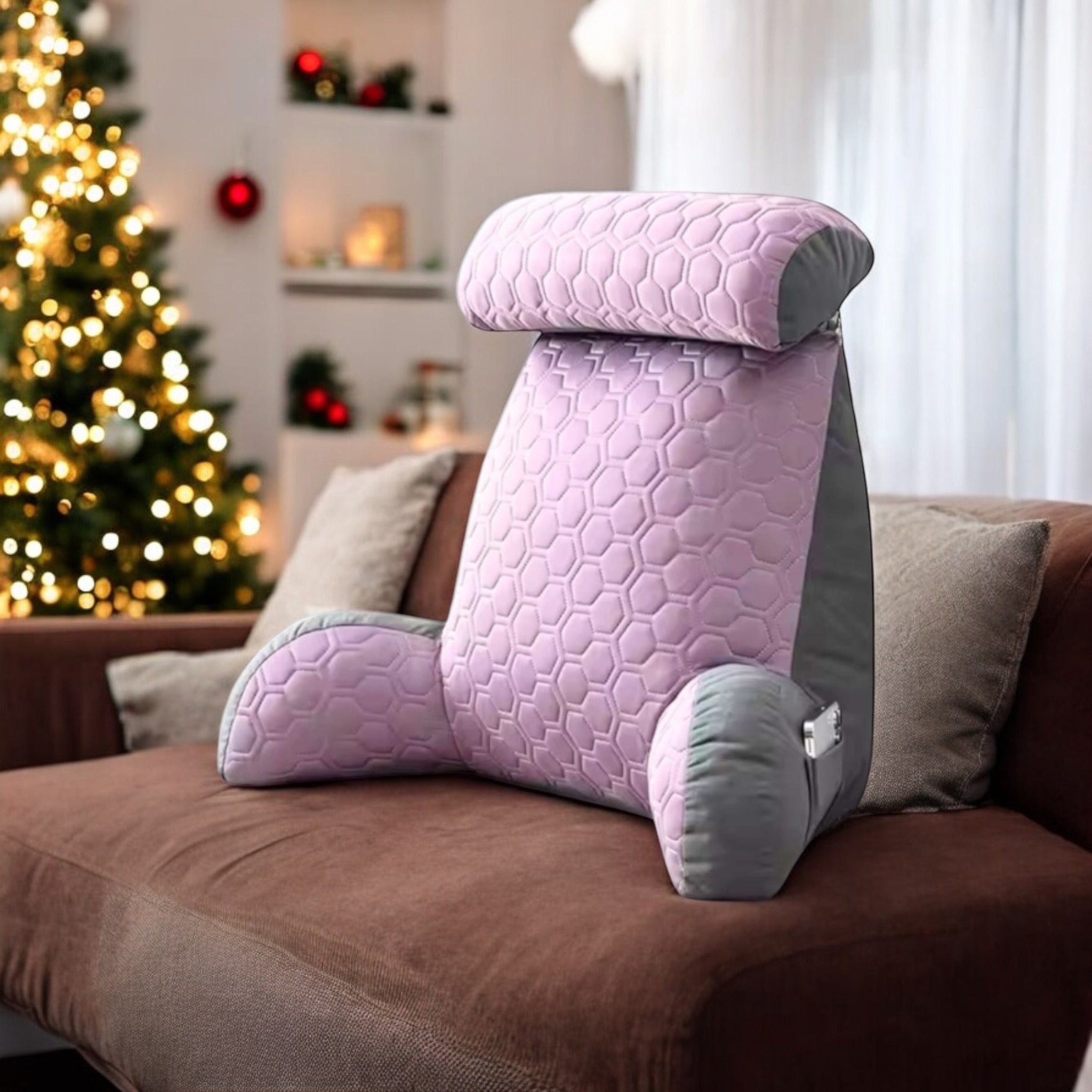 NuVibe lavender back support cushion with ergonomic design, plush velvet cover, and detachable headrest, crafted for women seeking comfort, style, and posture support while working, relaxing, or enjoying 'me-time' at home.