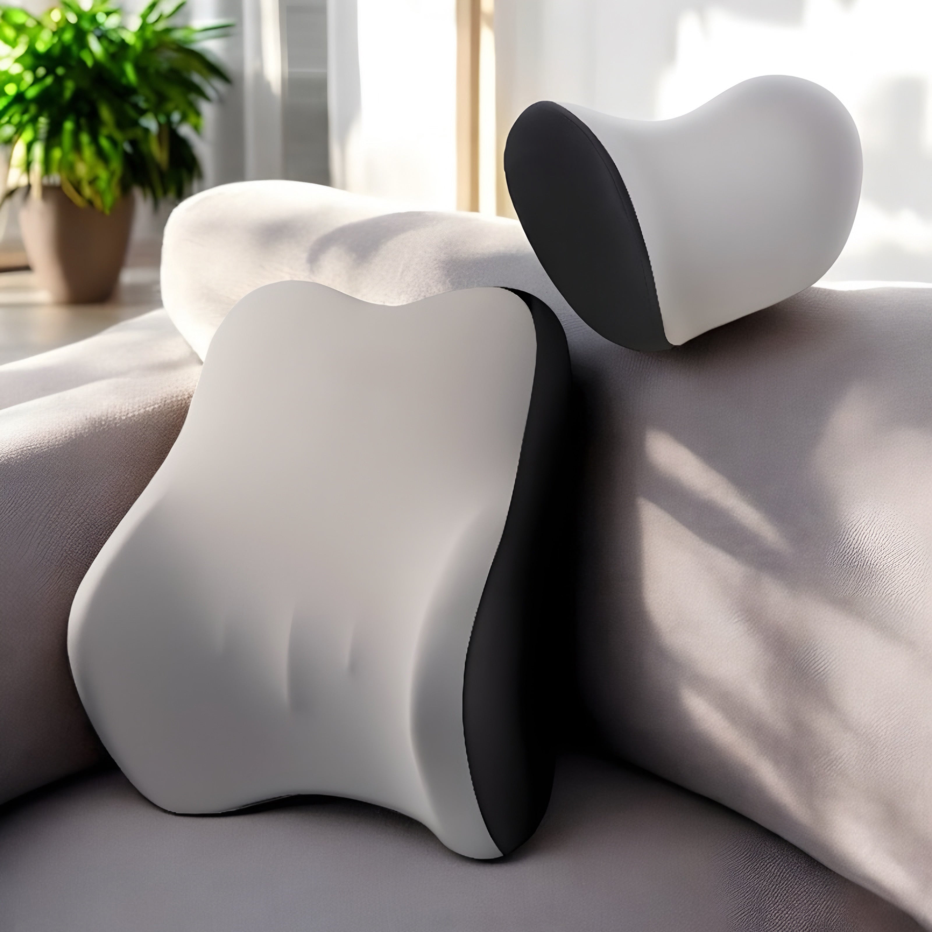 Ergonomic Midnight Ash LumbarEase cushion set placed on a cosy sofa in a well-lit living room, featuring a sleek black and grey design with a detachable headrest for optimal back support