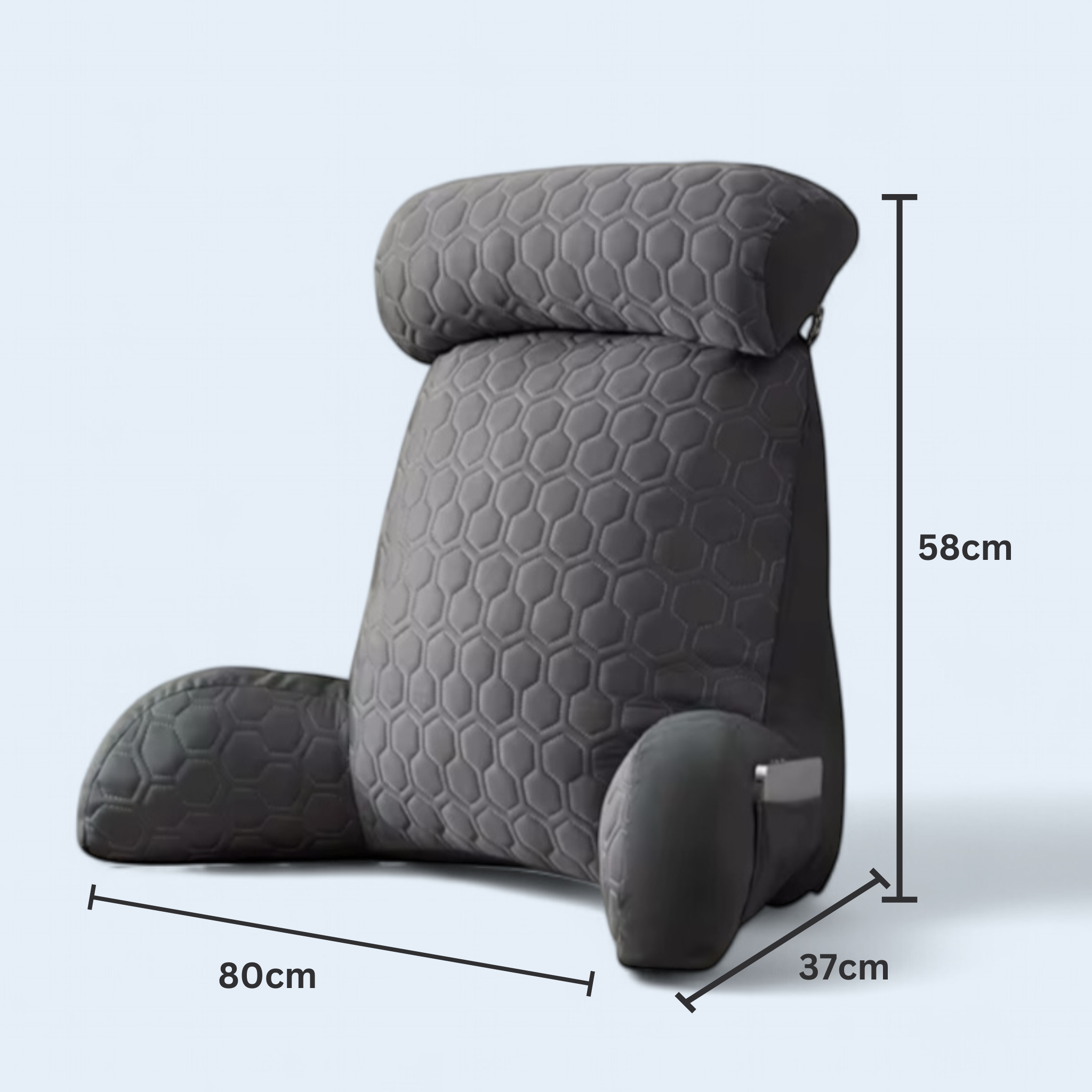 NuVibe Cushion dimensions: ergonomic back support cushion with adjustable headrest and detachable arms, designed for optimal comfort and posture improvement. Perfect for home, office, and travel use.