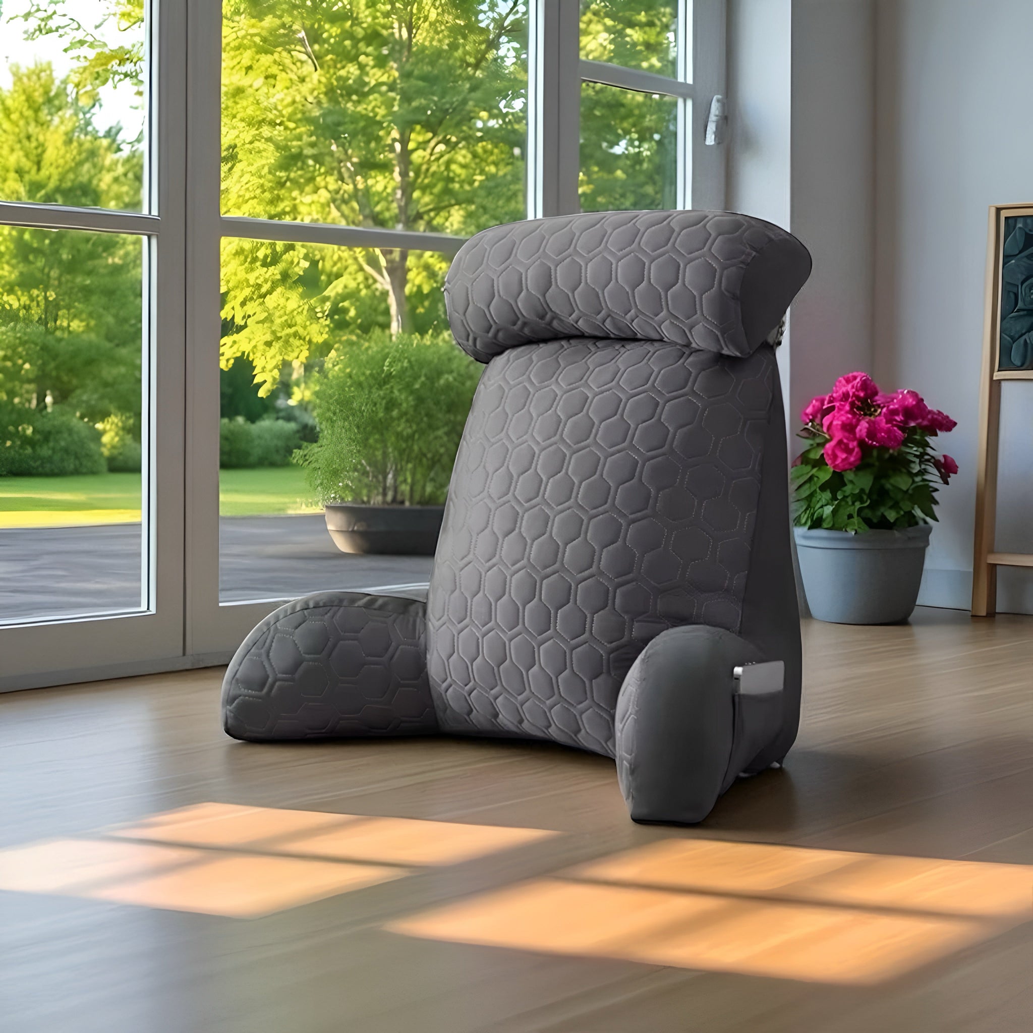 Pearl grey back support cushion designed for back pain relief and spinal alignment – ergonomic health cushion ideal for working from home, gaming, or long sitting sessions