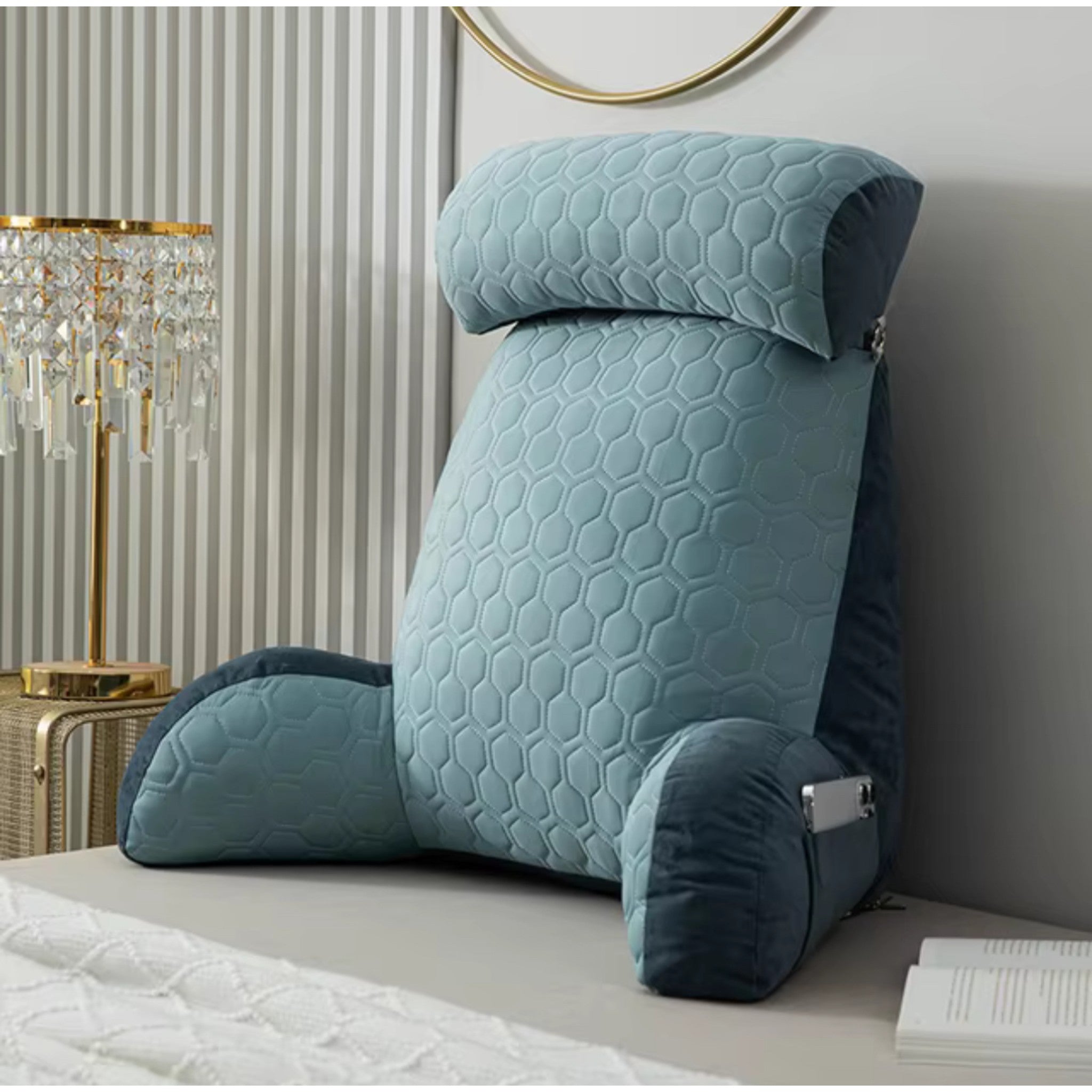 The Ocean Blue NuVibe back support cushion features an ergonomic design, plush velvet cover, and detachable headrest, delivering unmatched comfort and relaxation at home—better than any hug cushion for work, lounging, or unwinding.