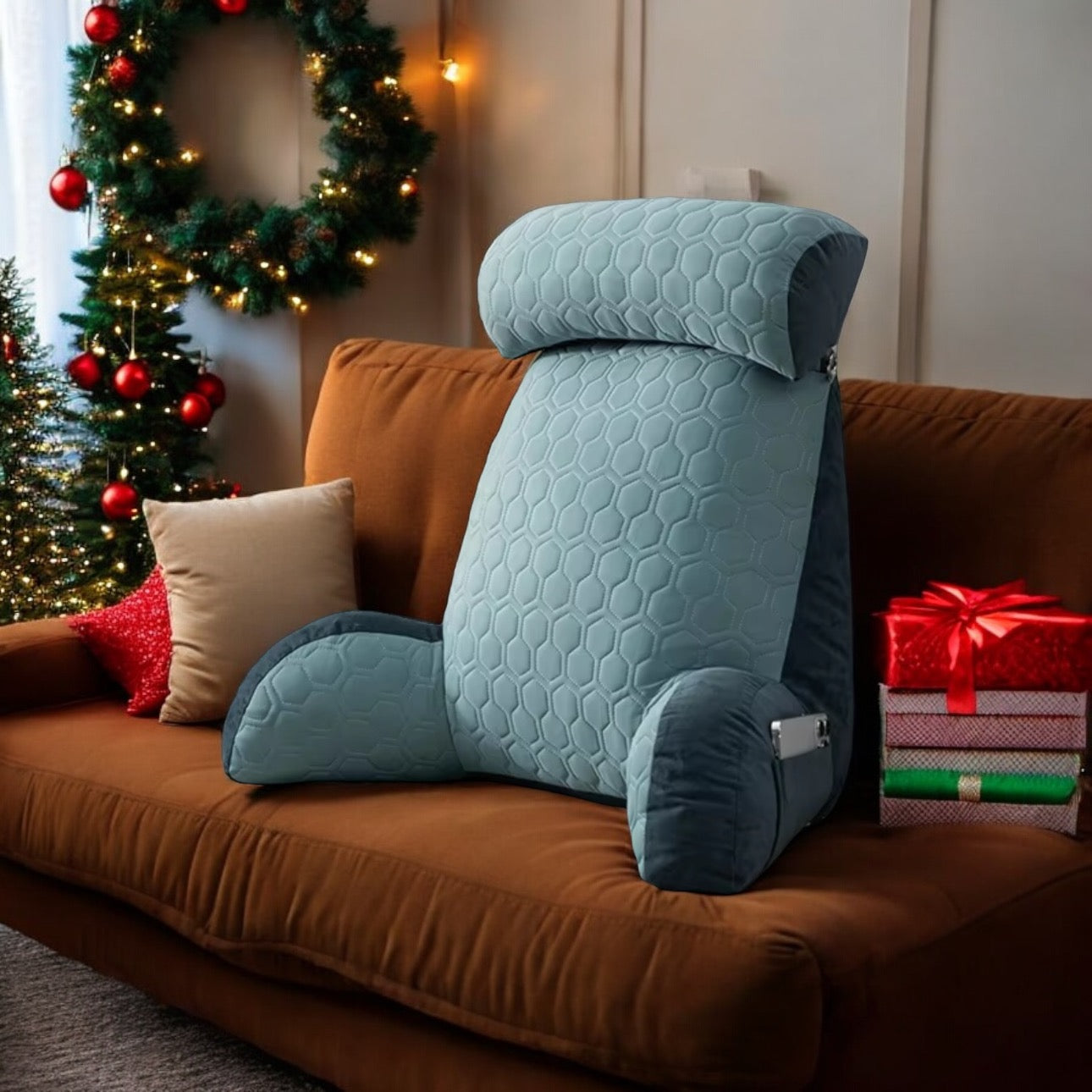 NuVibe Ocean Blue back support cushion with ergonomic design, soft velvet cover, and detachable headrest, perfect for women seeking stylish comfort, posture support, and relaxation while working, lounging, or unwinding at home.