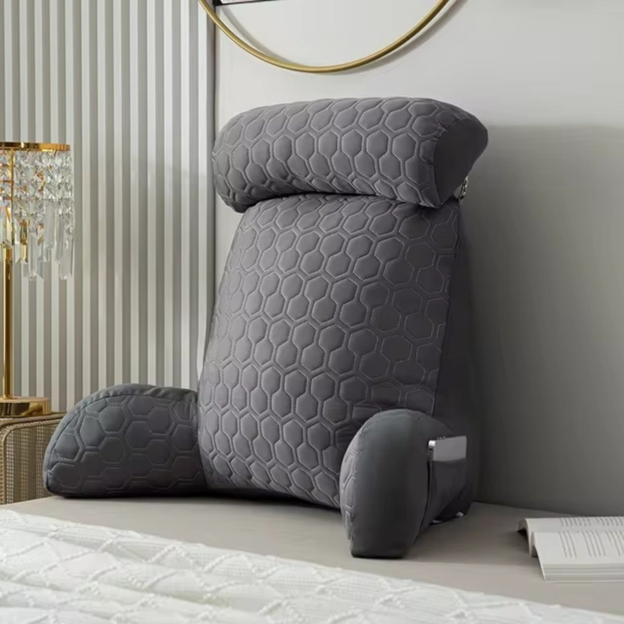 The Pearl Grey NuVibe back support cushion, with its ergonomic design, plush velvet cover, and detachable headrest, offers unparalleled comfort and relaxation for sitting at home—better than any hug cushion for work, lounging, or unwinding.