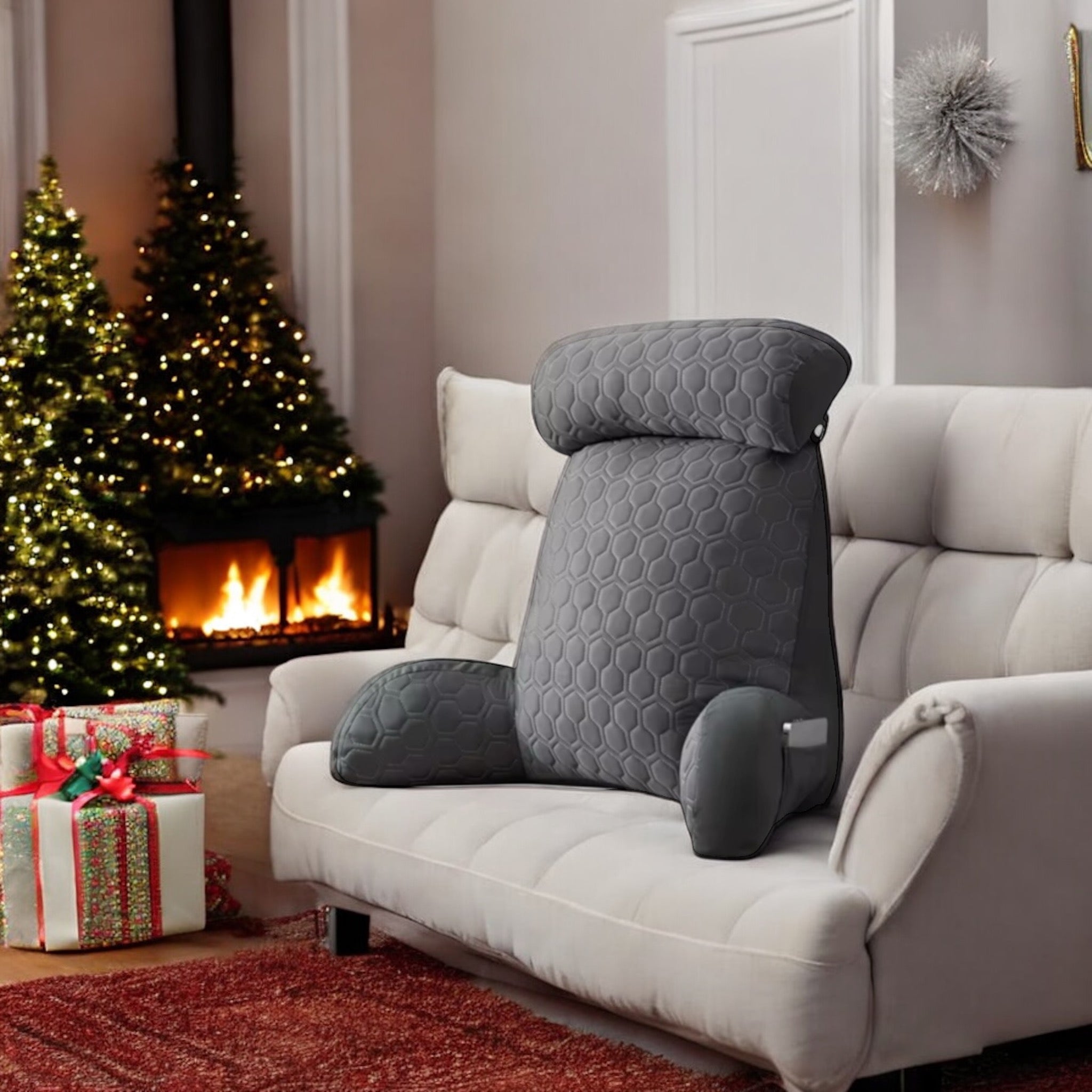 NuVibe pearl grey back support cushion with ergonomic design, plush velvet cover, and detachable headrest, perfect for pain relief and posture support while working, gaming, or relaxing at home or the office.