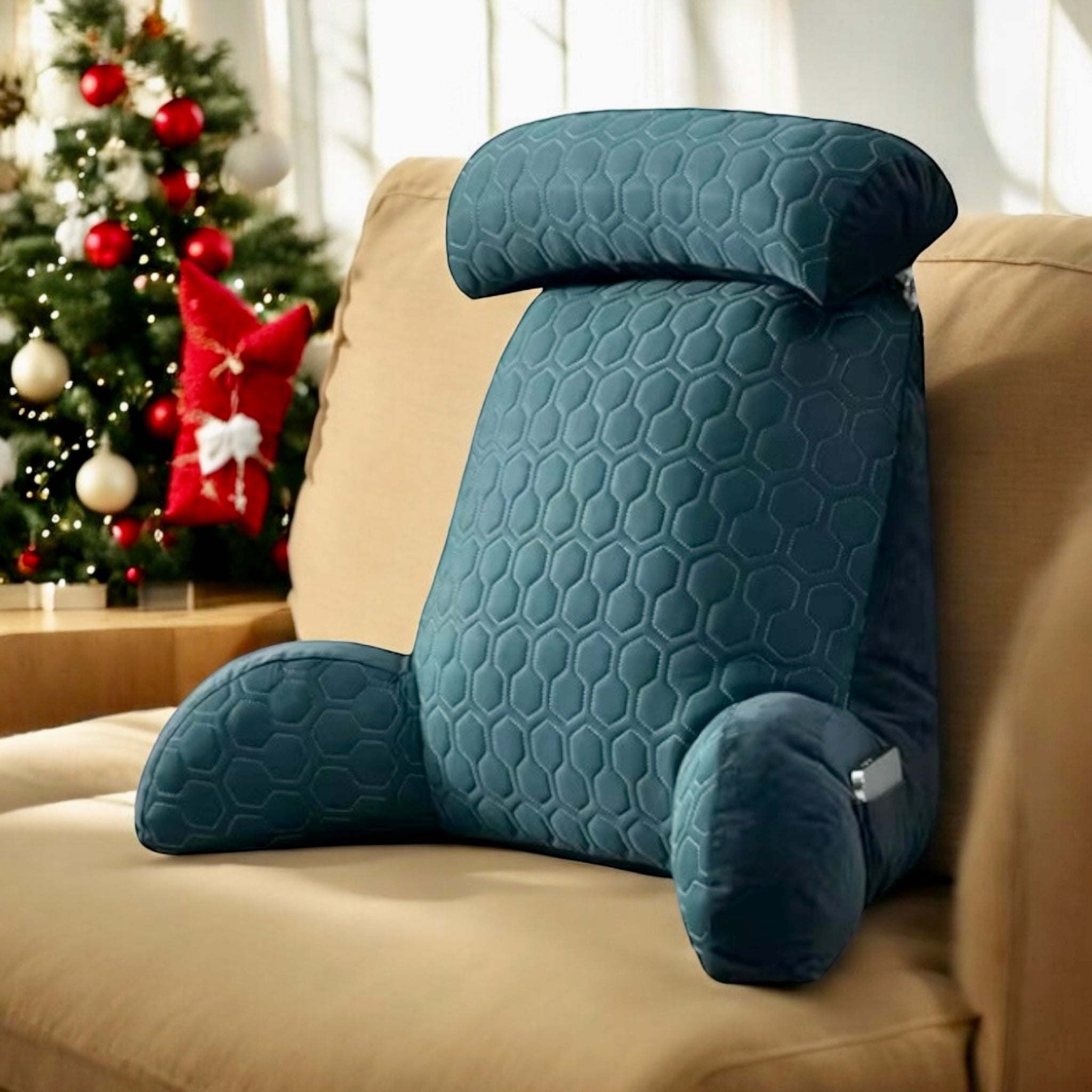 Turqoise NuVibe Cushion with ergonomic design, plush velvet cover, and detachable headrest, perfect for pain relief and posture support while working, gaming, or relaxing at home or the office.