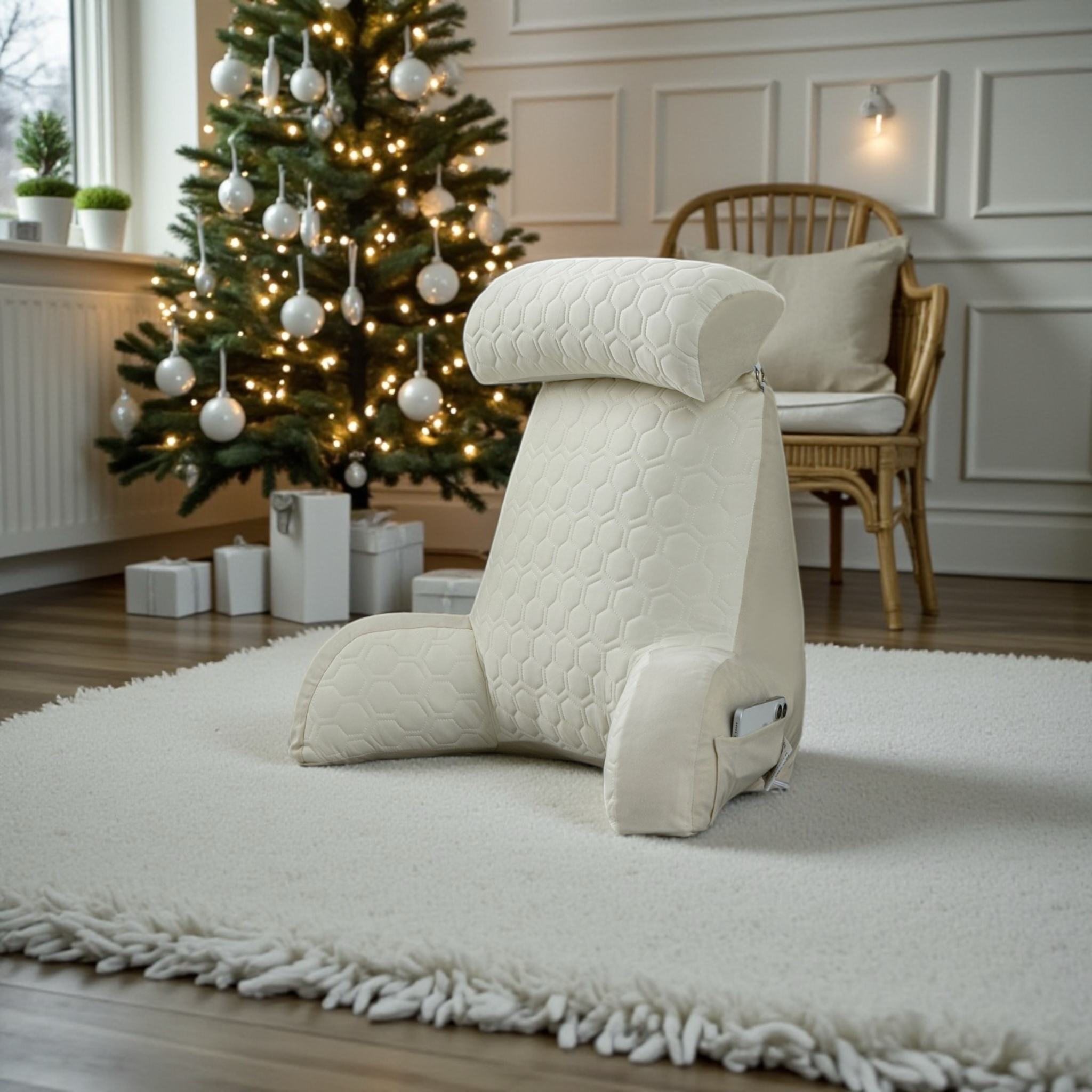 Dream Cream NuVibe Ergonomic Comfort Cushion offering ergonomic back support and posture relief in a warm, cosy home setting.